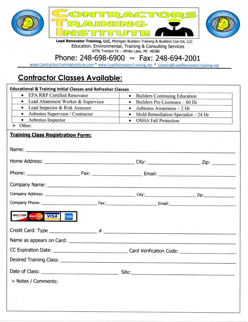 Registration form for All Contractors Training Classes