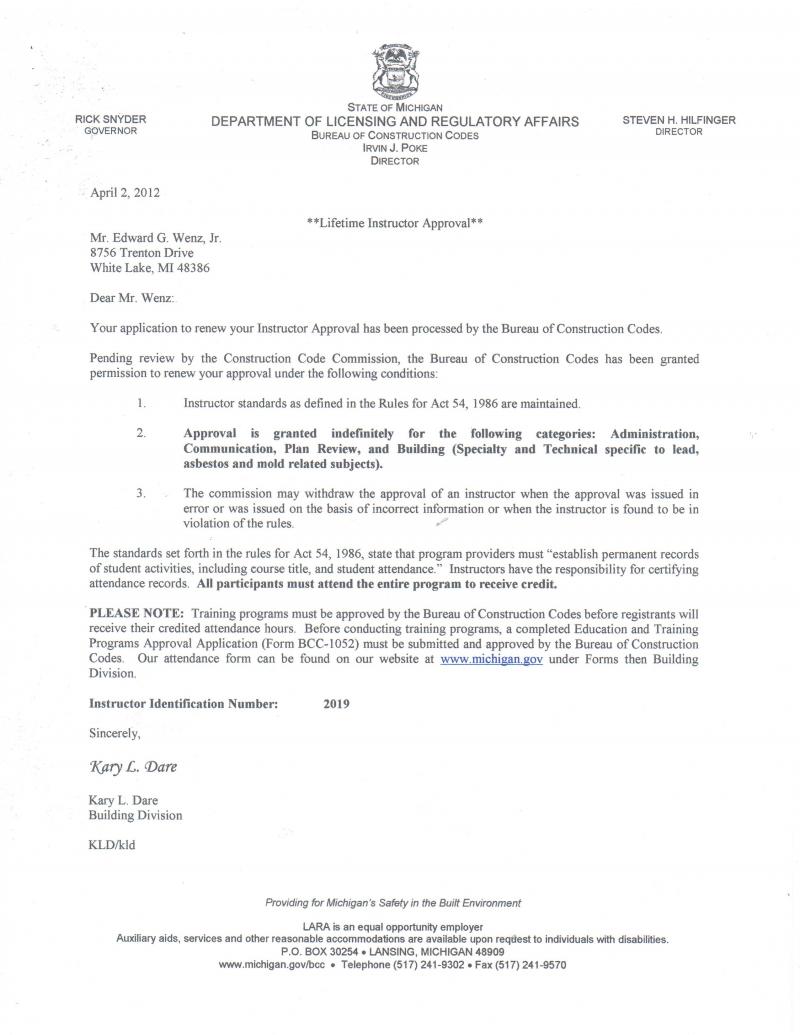 State of Michigan Lifetime Approved Instructor for Bureau of Construction Codes