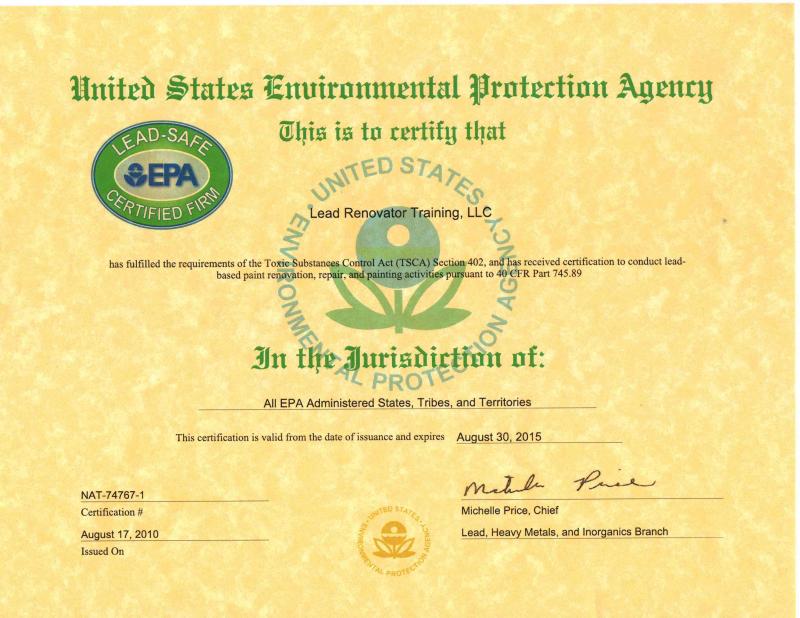 EPA RRP Certified Firm Certificate