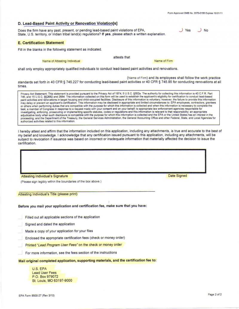 EPA Firm Cert application pg 2