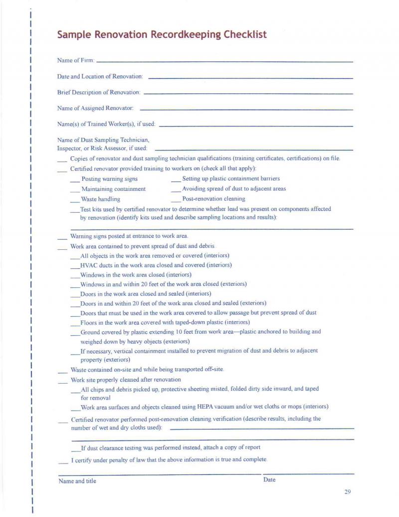 Post Renovation Record-Keeping Form